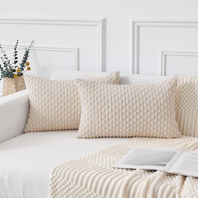 Kevin Textile 12x20 Inch Pillow Cover 1 Pack Boho Decorative Soft Striped Corduroy Lumbar Farmhouse Solid Color Accent Rectangle Cushion Case for Living Room Couch Sofa Bed, Cream White