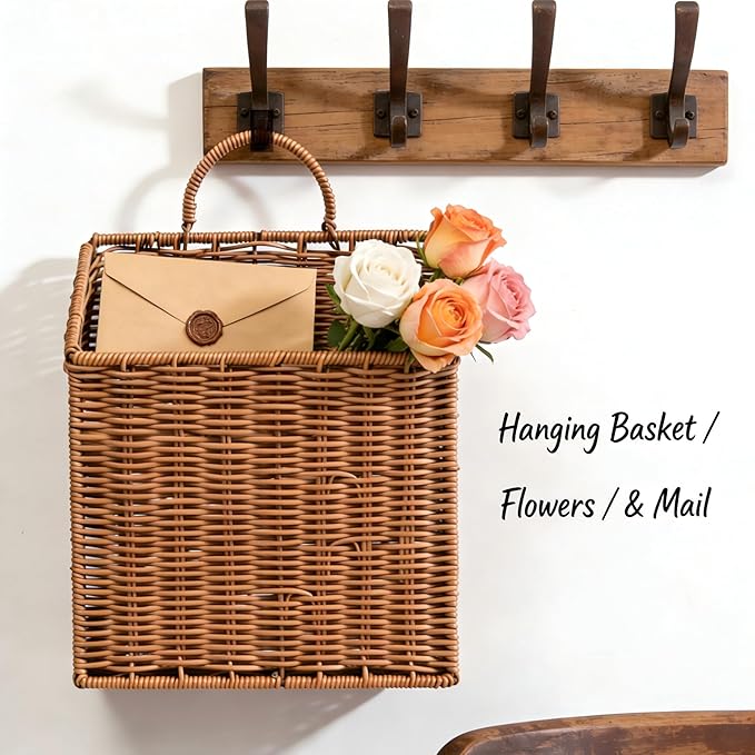 Set of 2 Woven Hanging Wicker Basket for Front Door, Handmade Rattan Hanging Wall Baskets for Garden Farmhouse Home