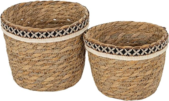 Foreside Home and Garden Set of 2 Embroidered Rim Baskets Natural Seagrass & Jute by Foreside Home & Garden