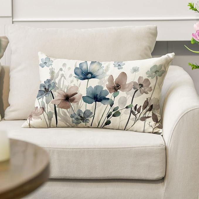 AVOIN colorlife Poppy Flowers Chinoiserie Spring Throw Pillow Cover, 12 x 20 Inch Blue Brown Seasonal Leaves Cushion Case Decoration for Sofa Couch Farmhouse