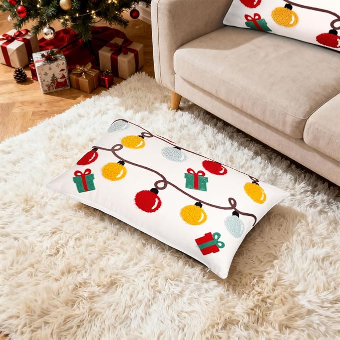 Christmas Embroidered Lumbar Pillow Covers Farmhouse Tufted Pillow Covers Winter Holiday Decorative Couch Covers 12x20 Christmas Lights Square Cushion Cases Set of 2 for Living Room Couch Sofa Bed