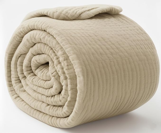 KyraHome Muslin Blankets for Adults, Kids, 50"x60", 100% Organic Cotton Throw Blanket, Plant-Dyed, Breathable Lightweight Throw Blanket for Couch, All Season (Oatmeal Khaki Tan)