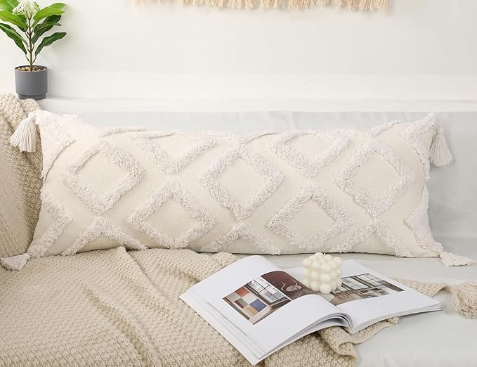 PANOD Decorative Long Lumbar Pillow Cover 12x32 Boho,Super Soft Chenille Extra Long Lumbar Pillow Case Cover with Tassel for Bed Sofa Couch Farmhouse Livingroom,White,Modern Skinny