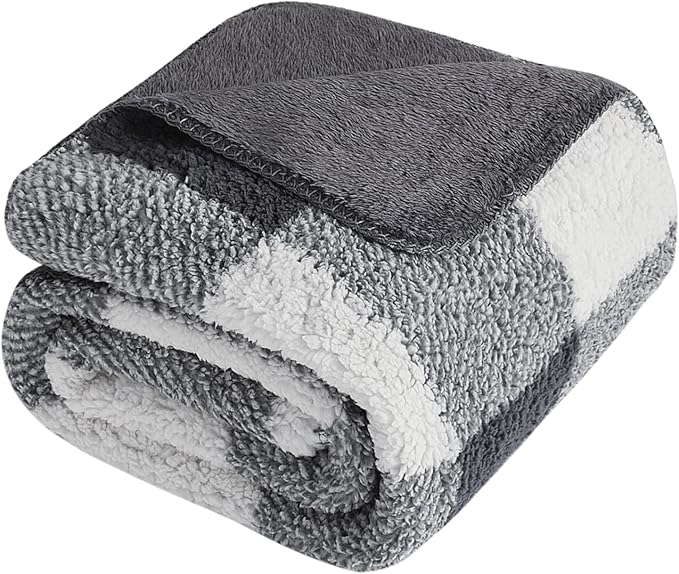 LURKA Checkered Sherpa Fleece Throw Blanket – Soft and Cozy, Medium Weight for All Season, Plush Throw for Couch, Bed, Dorm & Pets, Smoke Grey, 60x80 Inches