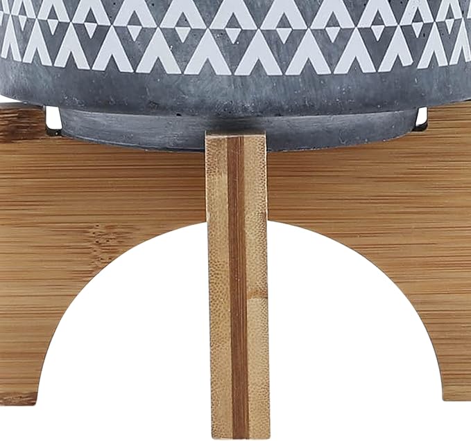 Aztec Decorative Planter Pot on Wooden Stand – Ceramic Stoneware Outdoor & Indoor Plant Pot with Gray Geometric Pattern – Modern Garden & Home Decor Ceramic Planters – 6", Gray