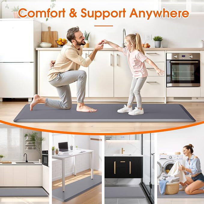 Kitchen Mat, Cushioned Thick Floor Comfort Mat, with Non-Slip Bottom, Waterproof & Stain Resistant & Easy Clean, Standing Desk Mat for Kitchen, Sink, Office (17.3''x60'', Grey)
