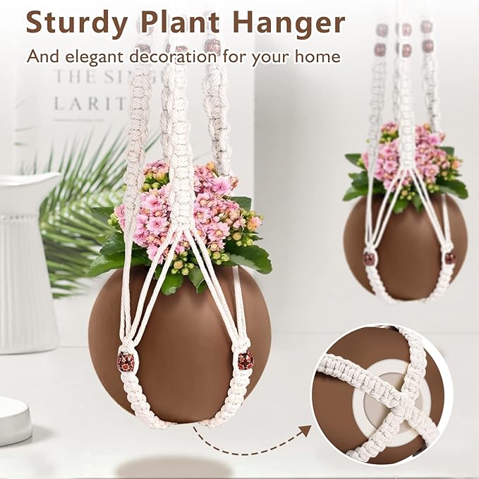 Handmade Macrame Plant Hanger with 2PCS Hooks, Elegant Hanging Plant Holder for Indoor Outdoor Plants, Sturdy Hanging Planters with No Tassel, 33 Inch, Ivory