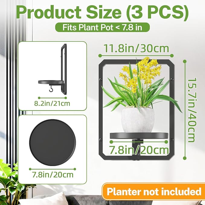iDavosic.ly Wall Plant Picture Frame Holder Set of 3 for Indoor, Metal Stand with Hanging Hooks, Floating Flower Display Decor, Space Saving & Easy to Assemble (Pots/Chains/Plants Not Included)