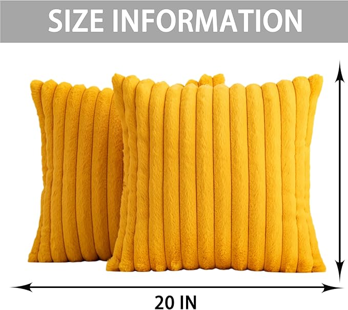 Pack of 2 Faux Fur Christmas Throw Pillow Covers 20x20 Inch, Soft Plush Striped Neutral Couch Pillow Cover, with Velvet Back Modern Home Decor for Sofa Living Room Couch Bed Yellow