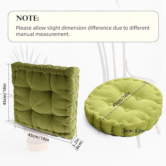2 Pack Large Square and Round Floor Cushions for Adults Meditation Floor Pillow Green Corduroy Floor Seat Pillows Cushion for Living Room Balcony Tatami Yoga,18x18 Inch