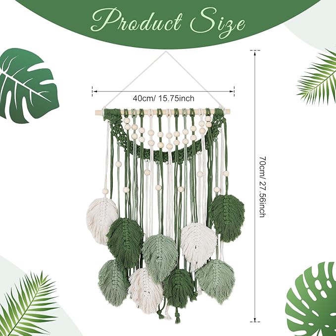 Newwiee Leaves Macrame Wall Hanging Boho Feather Macrame Wall Decor Woven Tapestry Green Stylish Feather Hanging for Nursery Bedroom Living Room 27.6 x 15.8 Inch