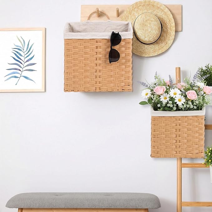 Novabright Set of 2 Wicker Hanging Basket Woven Wall Baskets with Handles Liners for Front Door Organizing Mail Flowers Wall Storage Basket for Farmhouse Home Decor Kitchen Bathroom Toilet Tank Top