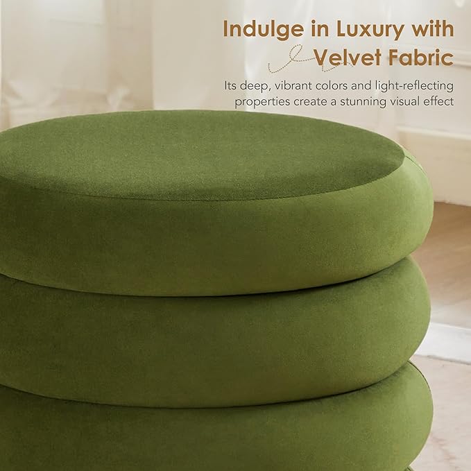 Flouki 19.5" Storage Ottoman Round, Vanity Stools for Bedroom, Entryway Ottoman for Console Table, Ottoman Stool for Girls Women, Foot Stool for Living Room, Set of 2, Velvet Green