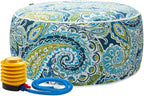 Magpie Fabrics Indoor/Outdoor Inflatable Stool Ottoman Pouf, Water Repellent Round Footrest Footstool with Foot Pump D20 xH9, Portable for Patio Garden Camping or Home, Paisley Lapis Green