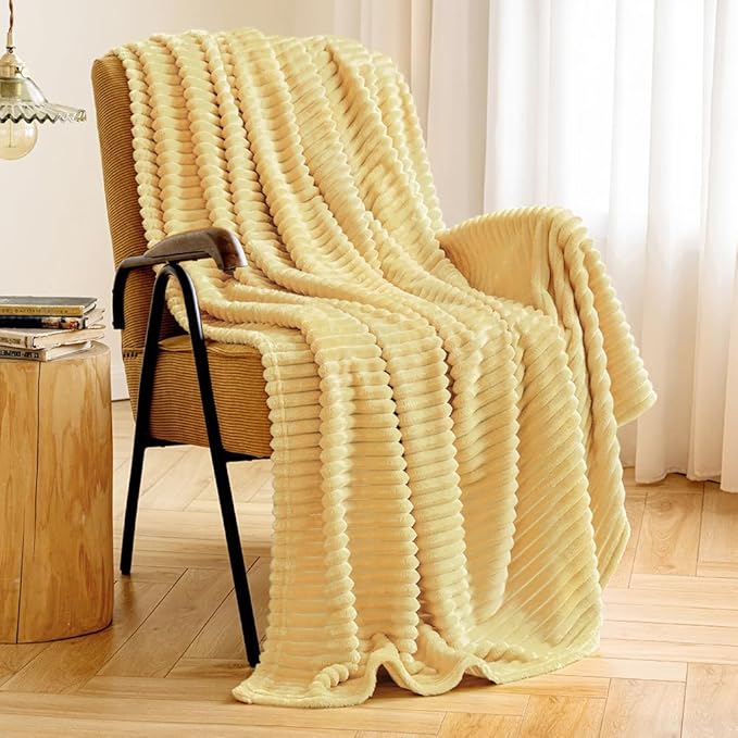 MIULEE Light Yellow Throw Blanket 3D Ribbed Jacquard Fleece Flannel Velvet Plush Decorative Bed Blanket (Throw, 50" x 60") - Super Soft, Lightweight, Warm and Cozy for Couch Sofa