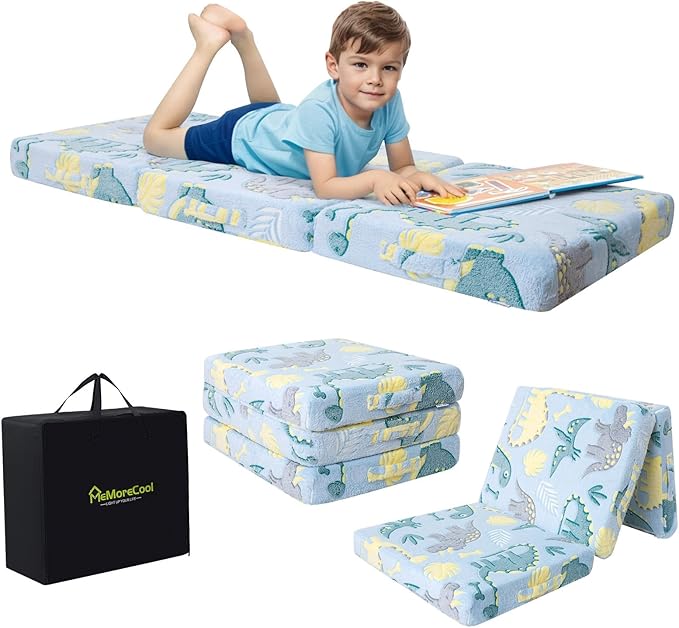 MeMoreCool Glow Dinosaur Kids Foldable Floor Mattress Mat with Carry Bag, 3-in-1 Tri-Fold Futon, Soft Plush Glow Cover, Portable for Travel, Blue 63x26 Inch