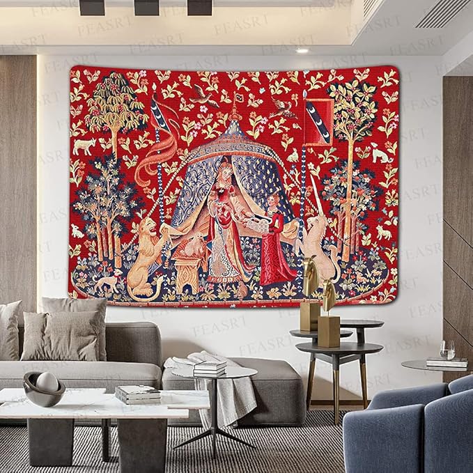 FEASRT European Medieval Royal Tapestry Maiden and Unicorn Tapestry Lady Tapestry, 60x40 Inches Soft Flannelette, for Medieval Art Collection of Decorative Wall Tapestry