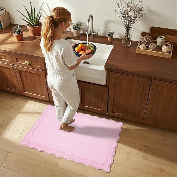 GarveeHome Scalloped Entryway Rug, 2x3 Valentines Solid Pink Washable Front Door Rug Indoor Entrance Floral Carpet Non-Slip Low Pile Throw Rugs for Kitchen, Powder Room, Entry, Bathroom, Kids Room
