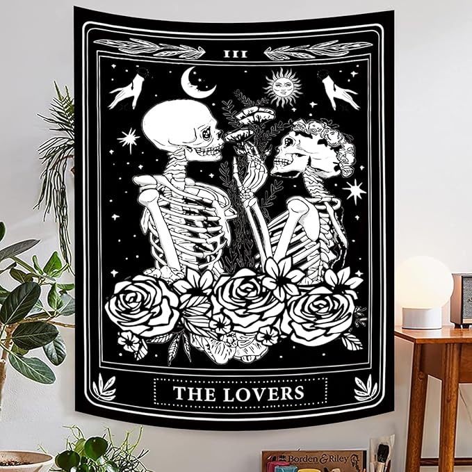 Onivein The Lovers Skull Tapestry Gothic Tapestry Vertical Black and White Skeleton Gothic Witch Sun Moon Floral Plant Snake Tapestries Wall Hanging Decor for Bedroom Dorm Room 40 x 60 Inches