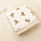 Little Jump Cotton Muslin Swaddle Blankets with Tassel, Boho Bohimia Muslin Baby Blanket Neutral with Fringe, Vintage Teddy Bear Nursery Decor Muslin Throw Blanket 47" x40" (Teddy Bears)