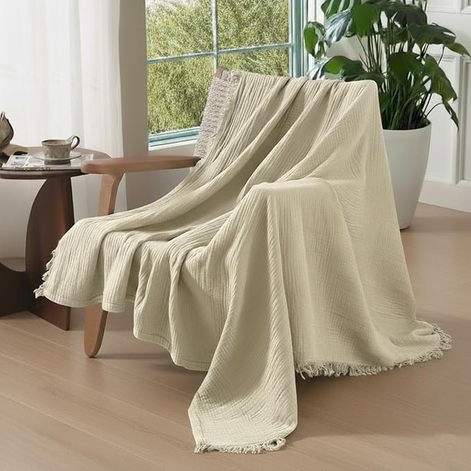 KyraHome 100% Organic Cotton Muslin Blankets for Adults, Kids, Large 60“x80 Plant Dyed Breathable Lightweight Gauze Soft Cotton Throw Blanket for Couch, All Season, Oatmeal Khaki