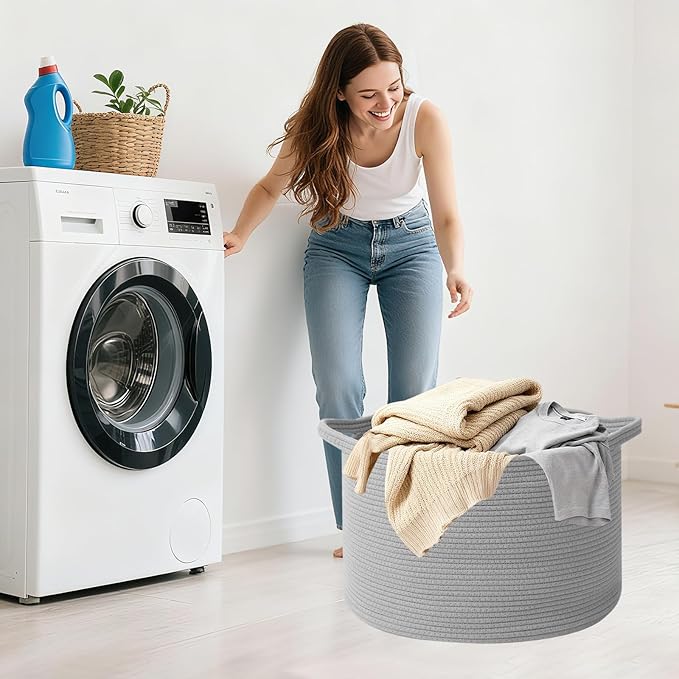 65L Large Blanket Basket,19.7" L x 19.7" W x 13" H Rope Woven Baskets with Handles, Toys Storage Bins,Laundry Basket Perfect for Living Room, Nursery,Bedroom,Home Organization,Light Gry