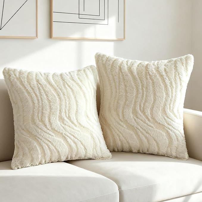 Cream Pillow Covers 18x18 Set of 2, Faux Fur Soft Textured Throw Pillow Covers Boho Fluffy Geometric Decorative Pillow Covers for Couch Bed Livingroom