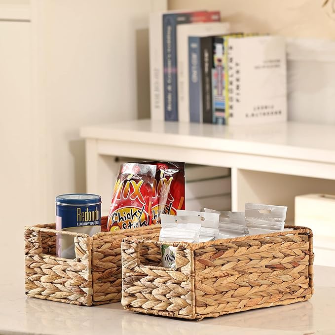 Vagusicc Wicker Storage Basket, Set of 2 Hand-Woven Storage Baskets for Organizing, Small Wicker Basket for Toilet Paper, Foldable Cube Organizer Bins for Shelves and Bathroom (Water Hyacinth)