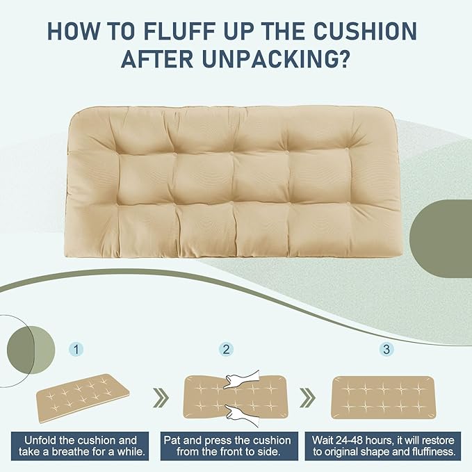downluxe Outdoor Bench Cushion for Patio Furniture, Waterproof Tufted Overstuffed Porch Swing Cushions, Thick Outdoor Loveseat Cushions, 48" X 18" X 5", Khaki, Set of 1