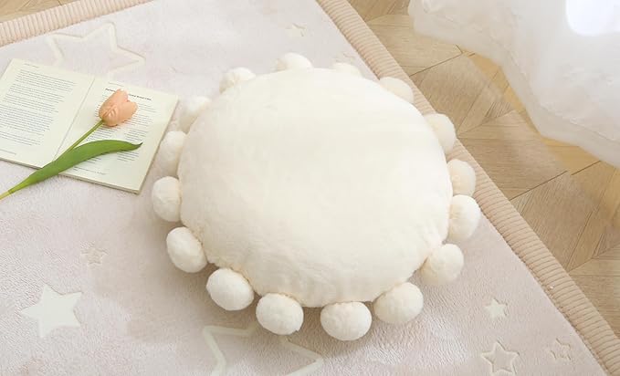 Round Pom Pom Floor Cushion–Soft Faux Rabbit Fur Floor Pillow for Adults & Kids,16" Plush Decorative Cushion Boho Throw Pillows for Living Room,Bedroom, or Bay Window–Ivory