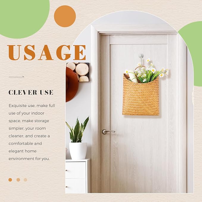 Boao 2 Pack Hanging Basket for Front Door Seagrass Wall Basket Hand Woven Different Sizes to Hold Flowers and Mail Wall Mounted Racks Storage Organize for Home Garden Farmhouse (Natural Color)