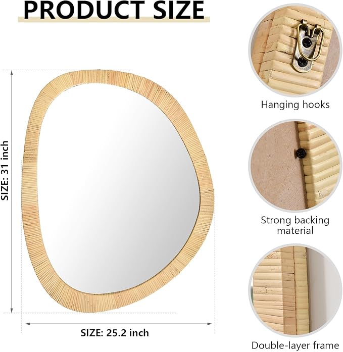 Rattan Mirror for Wall,31.5'' x 25.2" Wooden Framed Farmhouse Boho Wicker Coastal Irregular Vanity Mirror for Bathroom Living Room Entryway