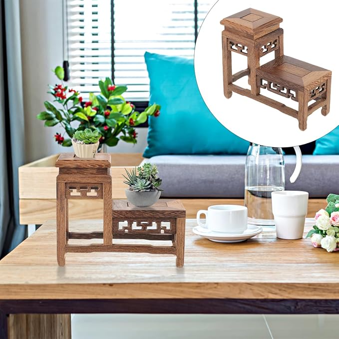 DOITOOL Wooden Plant Stand Indoor 2 Tier Wood Plant Shelf Wooden Planter Risers Flower Stand Vintage Display Planter Display Figurine Display Base for Home Garden