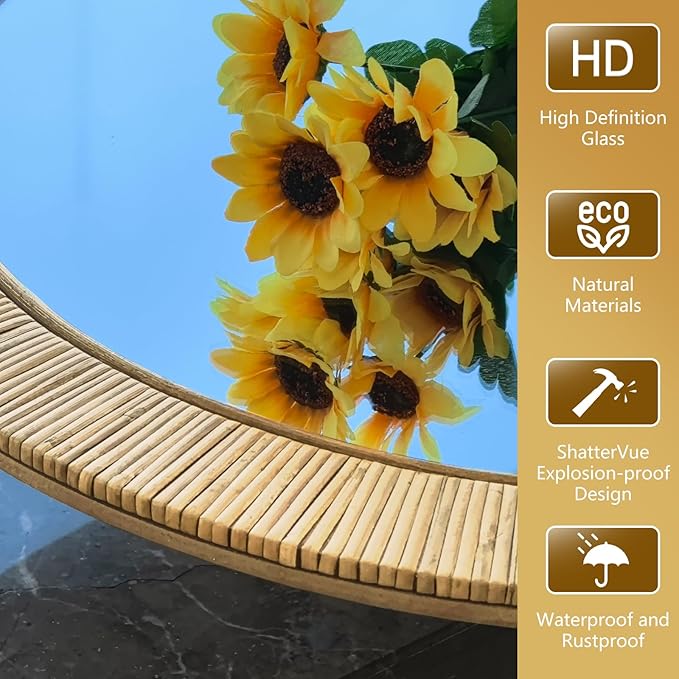 24x36 inch Rattan Arched Mirror for Wall, Bohemia Bathroom/Farmhouse Boho Mirrors, Vanity Irragular Decorative Arched Mirror, Suitable for, Bedroom, Living Room, Home Decoration