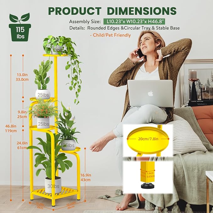 TOSKING 5 Tier Tall Plant Stand Indoor Outdoor,Anti-Tip Plant Stand indoor, Wide Base for Pots, Child and Pet Friendly,Heavy Duty Corner Shelf for Plants & Decor, Space Saving ,Tiered Metal Flower Pot Stand for Balcony, Garden, Living Room, Patio (Yell...