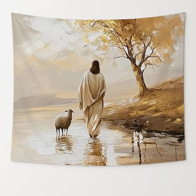 bitCNY Jesus and Sheep Tapestry 60x50 Inches – Autumn Christian Wall Art, Religious Home Decor, Pastoral Faith Tapestry for Living Room Bedroom