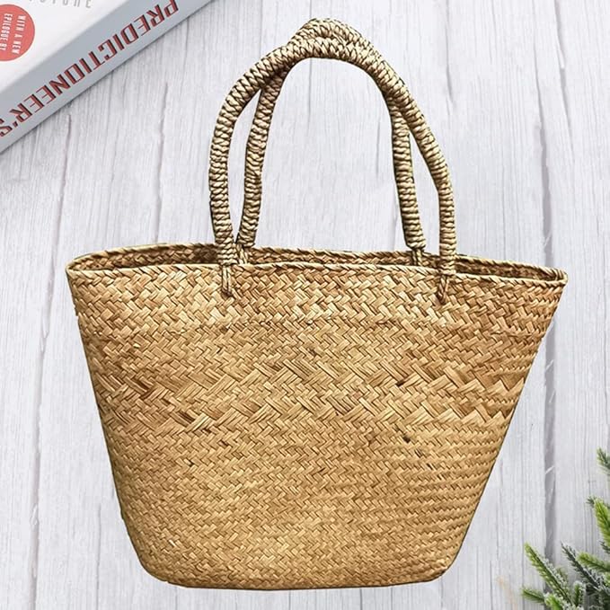 Cabilock Woven Tote Woven Bag Basket Tote Wicker Bag Seagrass Basket Garden Plant Container for Storage Laundry Picnic Beach Storage Bins Toys