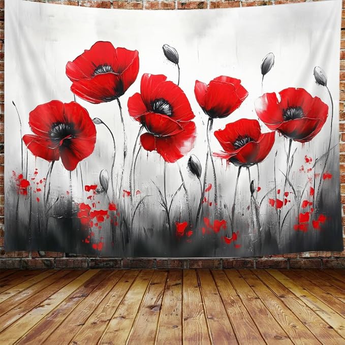 JAWO Black and Red Poppy Flower Tapestry, Nature Floral Art Tapestry Wall Hanging for Bedroom, Tapestries Poster Blanket College Dorm Home Decor 40X30Inches