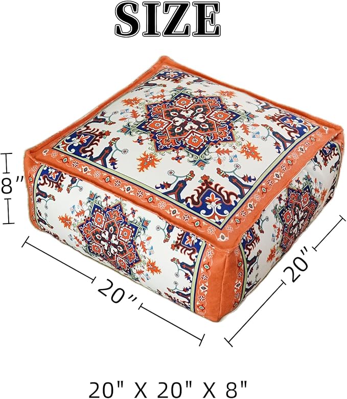 Unstuffed Pouf Cover Ottoman Footrest Bohemian Chenille Foot Stool Floor Bean Bag 20x20x8 Inches for Living Room Bedroom Home Decor (Orange, Square)