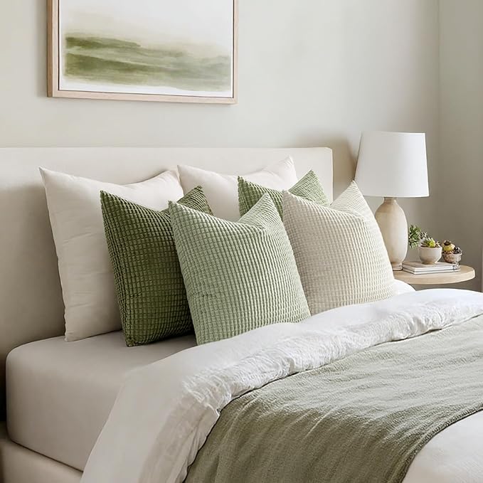 MIULEE Modern Farmhouse Decorative Spring Pillow Covers 20x20 Inch Set of 4 Natural Rustic Throw Pillows Neutral Warm Soft Corduroy Couch Pillowcases Home Decor for Sofa Living Room Bed Light Green