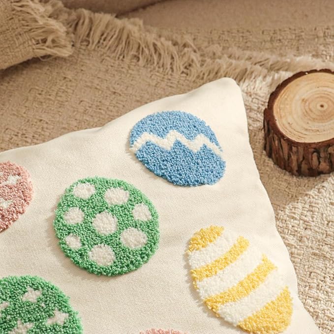Jonhier Easter Throw Pillow Covers, Muted Morandi Colorful Easter Egg Decorations with Tufted Embroidery, Boho Farmhouse Neutral Rustic Spring Decorative Pillows for Couch Sofa, 18x18 Inch, 1 PC
