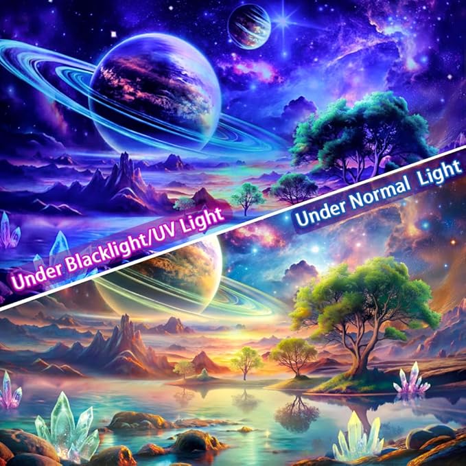 Blacklight Galaxy Space Tapestry UV Reactive Planet Wall Hanging Magical Trees Tapestries Cosmic Mountain Landscape Wall Decor Aesthetic Starry Night Backdrop for Bedroom