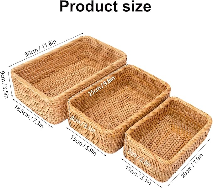 Set of 3 Rectangular Rattan Storage Baskets - 3 Size Expertly Hand Woven Rattan Fruit Baskets, Rectangular Woven Wicker Baskets, Wicker Organizer Baskets for Kitchen, Living Room, Office