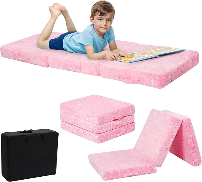 MeMoreCool Foldable Floor Mattress for Kids, Glow Unicorn Trifold Mat, Kids Folding Mattress Portable Futon, 57x22 Inch Pink