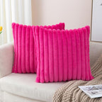 ZLINA Set of 2 Hot Pink Faux Fur Decorative Throw Pillow Covers Fluffy Striped Pillowcase Cushion Covers 20 x 20 Inch Decor Sofa Couch Bedroom