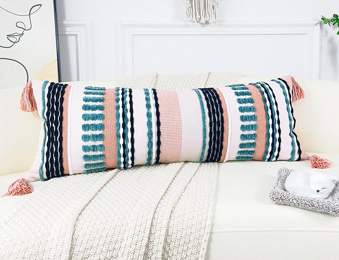 Chenille and Cotton Long Pillow for Bed,Striped Textured Boho Long Lumbar Throw Pillow Cover 14x36,Neutral Accent Decorative Extra Long Body Pillow Case for Couch Sofa Bedroom,Turquoise