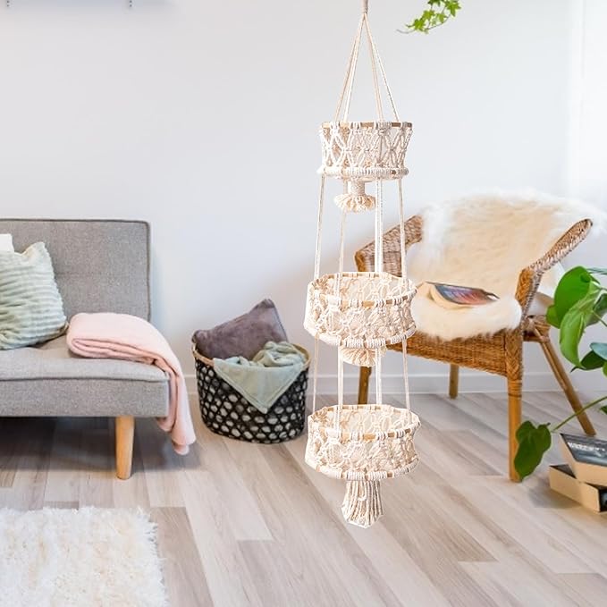 Multi Layer Woven Rope Organizer | Boho Hanging Plant Holder – 3-Tier Macrame Flower Basket, Decorative Indoor Pot Storage, Unique Hanging Ornament for Bedroom, Balcony, Kitchen, Office, Housewarming