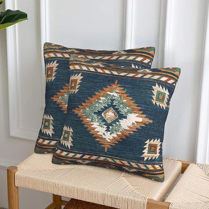 Western Native American Blue Pillow Covers 18x18 Set of 2, Southwestern Boho Aztec Throw Pillow Covers Outdoor Decorative Pillow Case for Couch Bed Sofa Cushion Home Decor