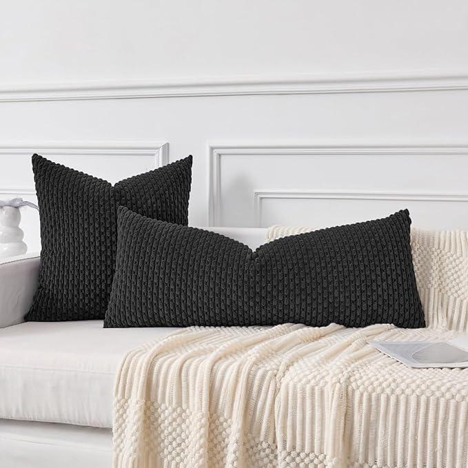 Kevin Textile 20x54 Inch Long Body Lumbar 1 Pack Boho Decorative Throw Pillow Cover Soft Striped Corduroy Rectangle Cushion Case Farmhouse Accent for Living Room Couch Sofa Bed, Black