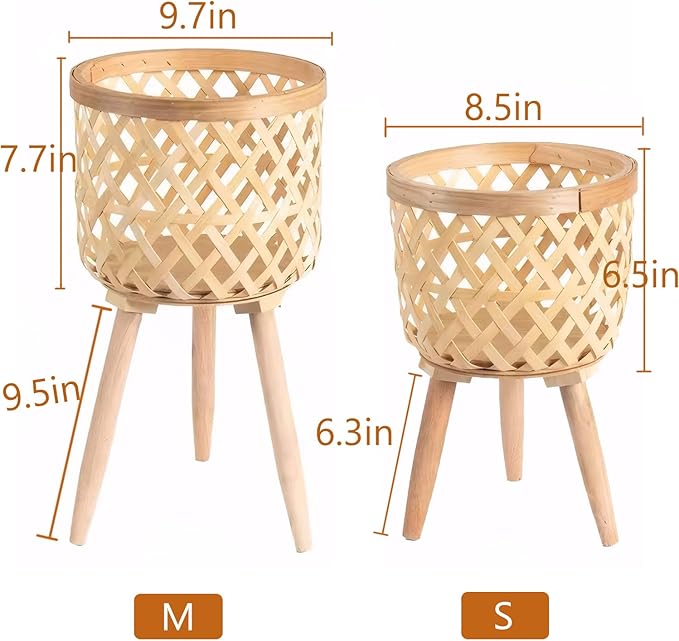 Boho Rattan Plant Stand Set of 2 – Handwoven Tall Elevated Wicker Plant Baskets for Indoor Plants, Mid-Century Modern Wooden Planter Holder with Tripod Legs, Farmhouse Home Decor